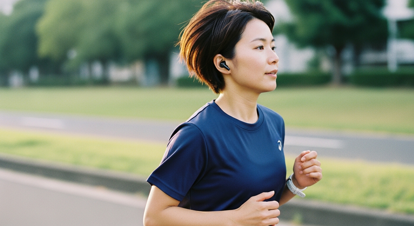 イヤホンをしながらジョギングする人──移動中にAudibleで学ぶ