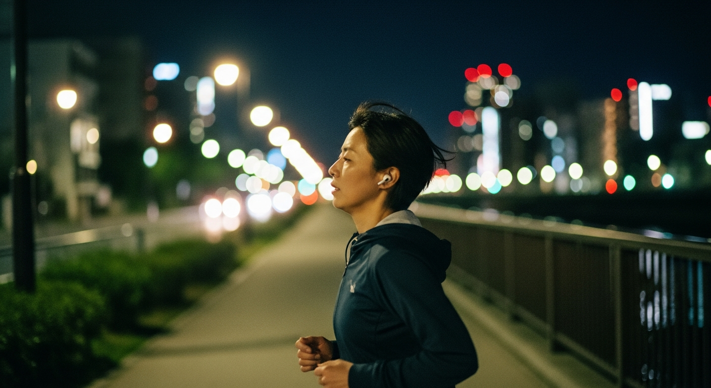 夜のジョギング中にイヤホンで音声を聴く人
