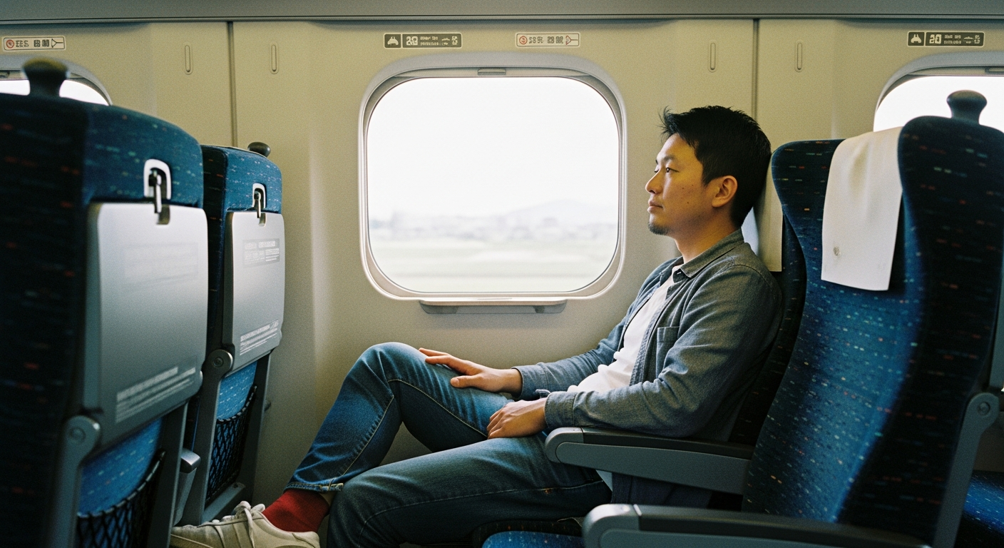 新幹線の車内でくつろぐ人──出張移動中にAudibleを聴く