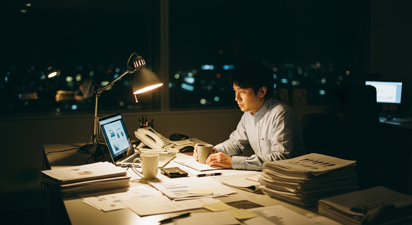 manager reviewing slides alone at night