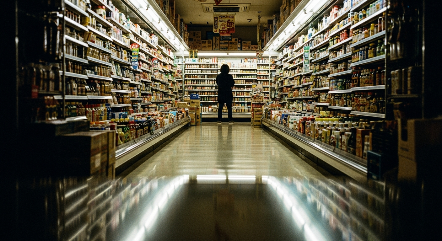 overflowing convenience store shelves at night