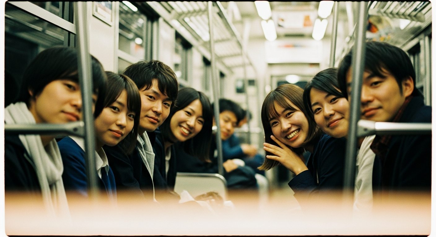 happy group on late night train after concert