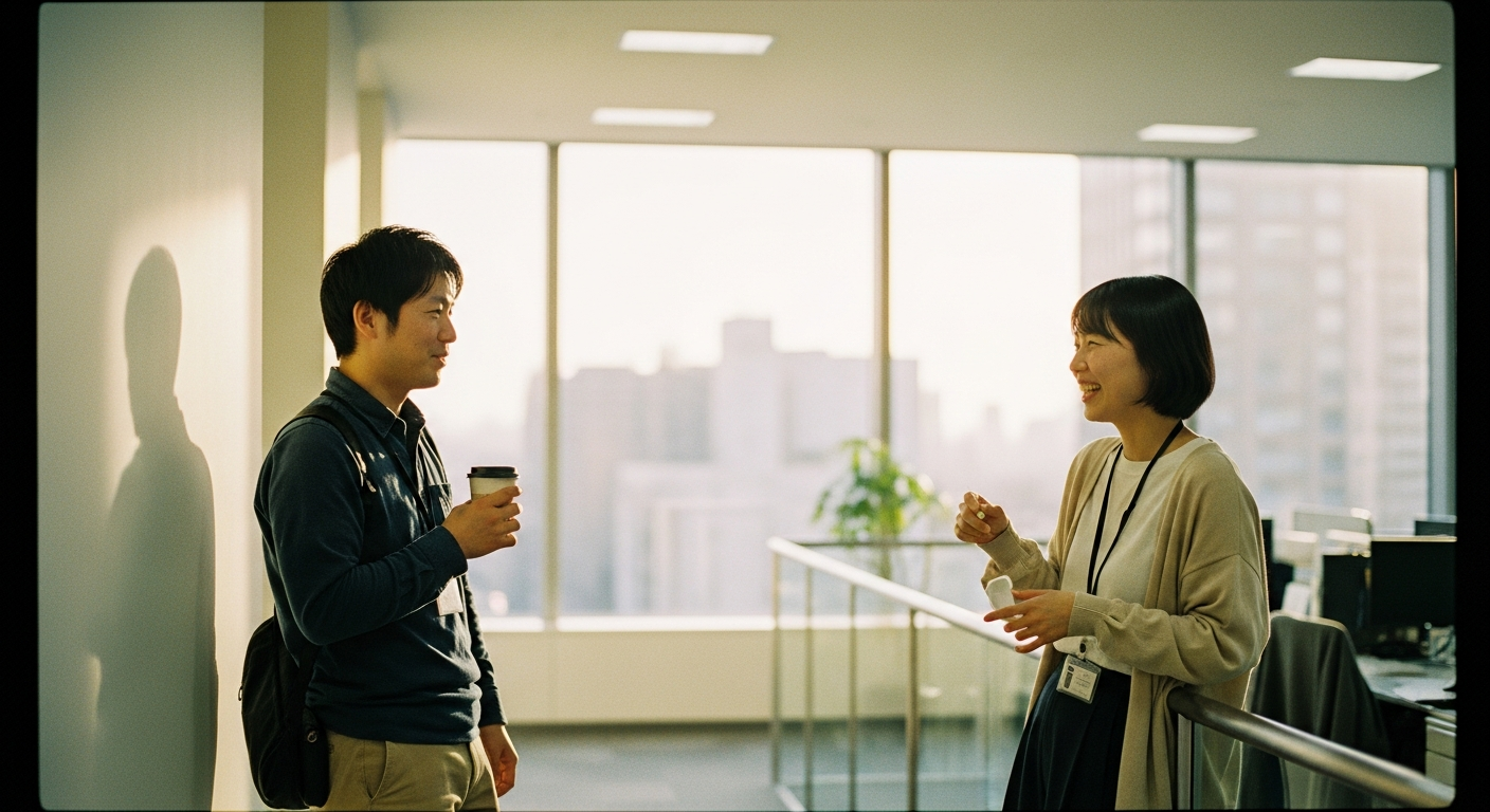 廊下でコーヒーを持って自然に会話する同僚